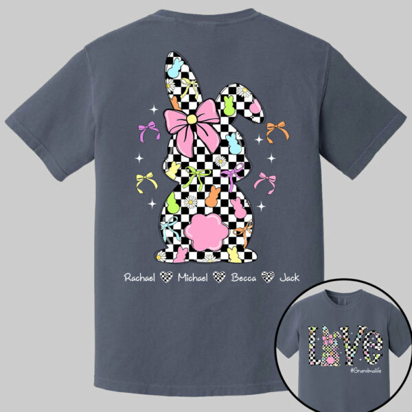 Custom Easter Retro Checkered Pink Bunny Bow T-Shirt, Personalized Gift For Grandma & Kids - Image 14