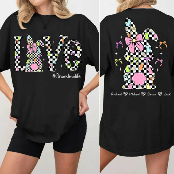 Custom Easter Retro Checkered Pink Bunny Bow T-Shirt, Personalized Gift For Grandma & Kids