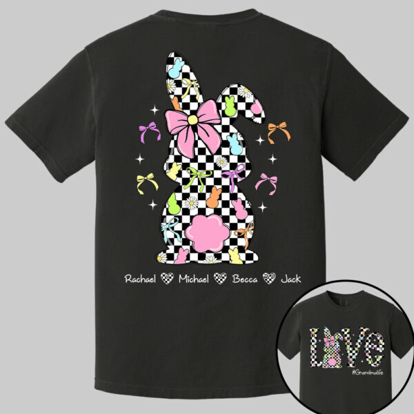 Custom Easter Retro Checkered Pink Bunny Bow T-Shirt, Personalized Gift For Grandma & Kids - Image 8