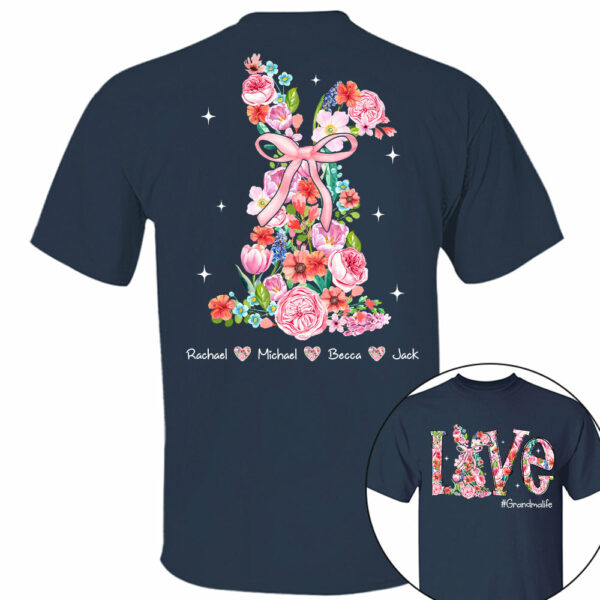 Custom Easter Watercolor Floral Bunny Bow T-Shirt, Personalized Gift For Grandma & Kids - Image 4