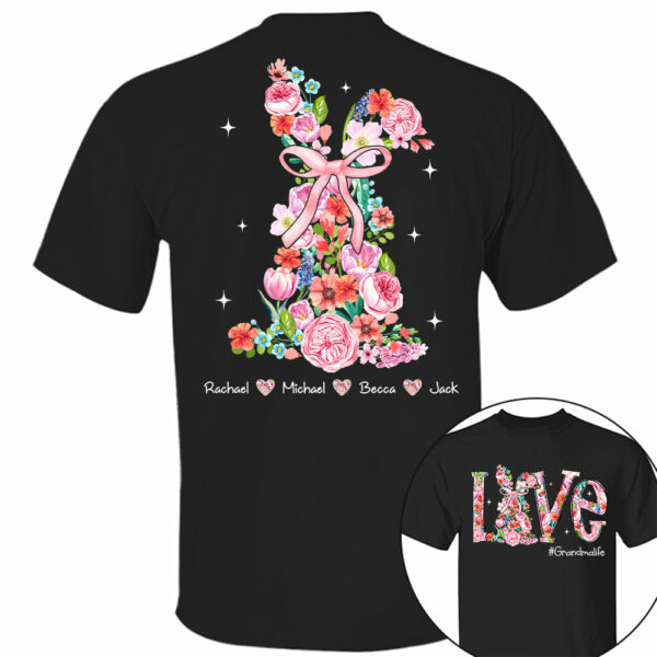 Custom Easter Watercolor Floral Bunny Bow T-Shirt, Personalized Gift For Grandma & Kids - Image 2