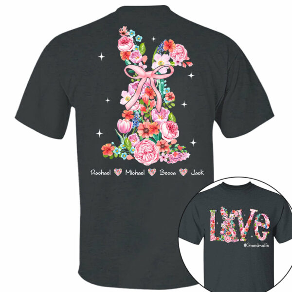 Custom Easter Watercolor Floral Bunny Bow T-Shirt, Personalized Gift For Grandma & Kids - Image 3