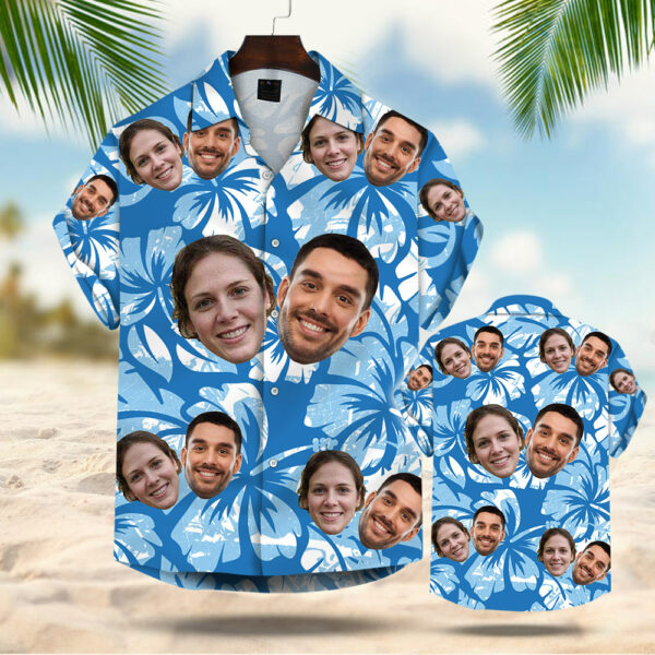 Custom Face Leaves & Flowers Pattern Hawaiian Shirt For Men For Her For Couple - Image 2