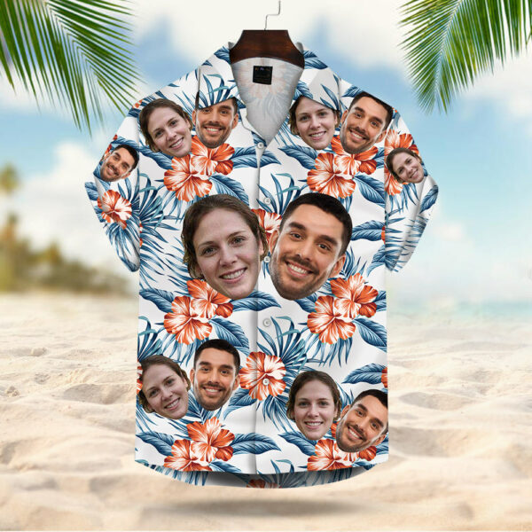 Custom Face Leaves & Flowers Pattern Hawaiian Shirt For Men For Her Gift For Family - Image 3