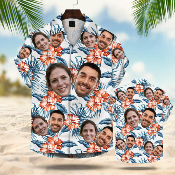Custom Face Leaves & Flowers Pattern Hawaiian Shirt For Men For Her Gift For Family - Image 2