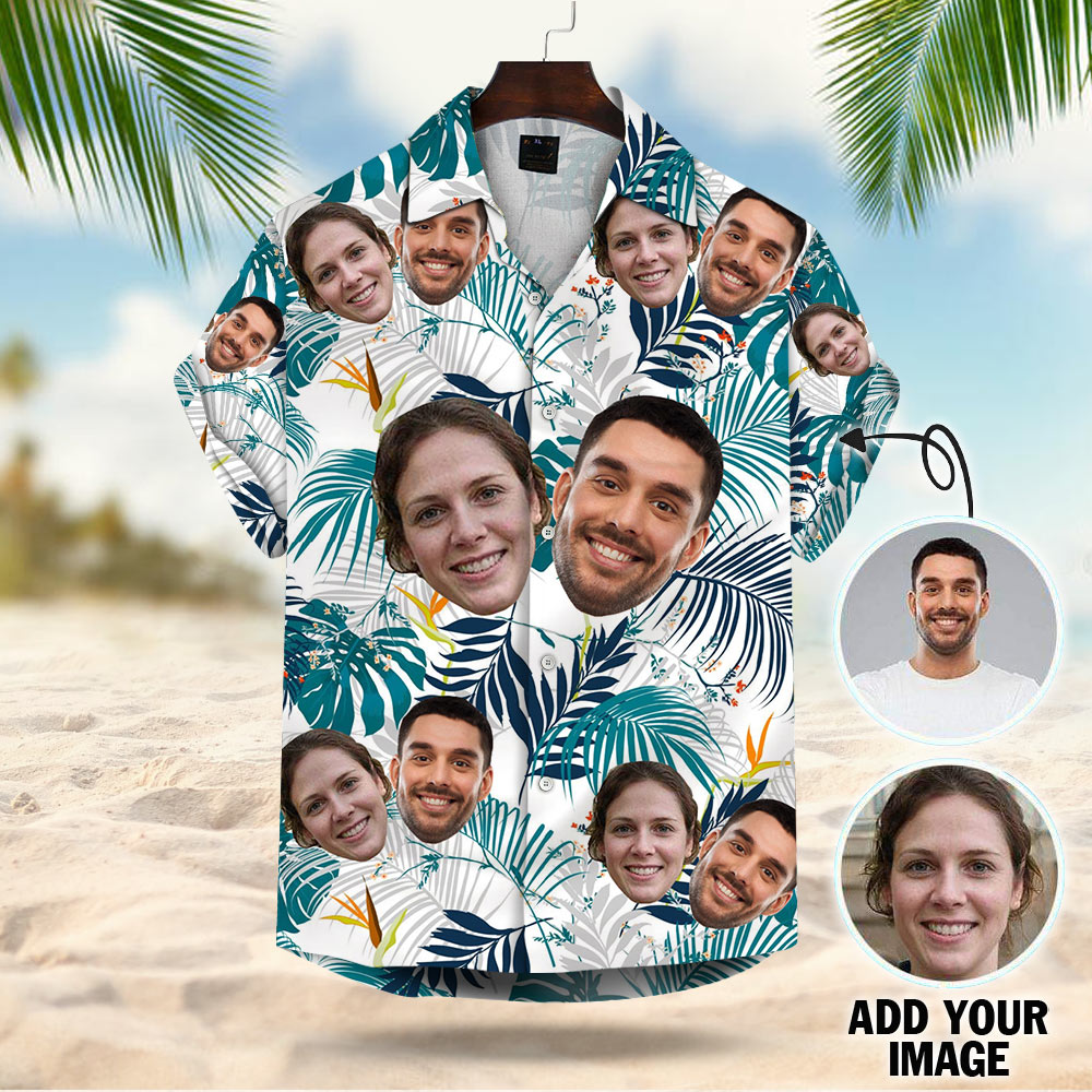 Custom Face Leaves & Flowers Pattern Hawaiian Shirt For Men For Her Gift For Valentineâ€™s Day