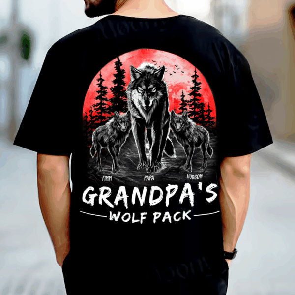 Custom Grandpa Wolf Pack Back Print Shirt - Perfect Father's Day Gift for Grandfather & Dad - Unique Men's Personalized Tee - Image 2