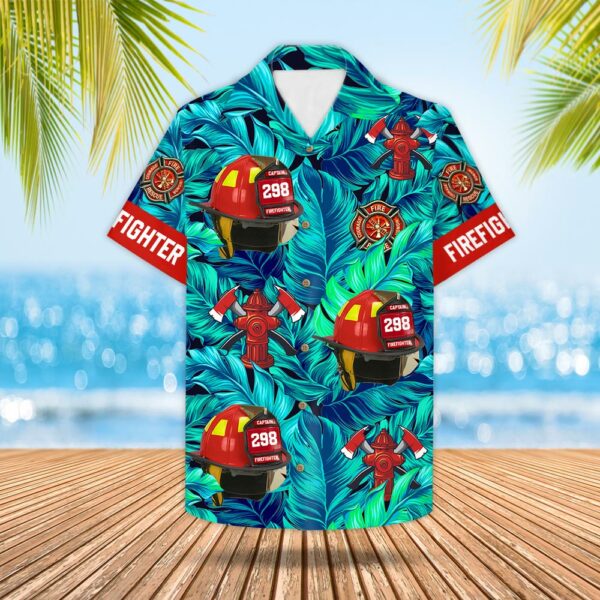 Custom Hawaiian Shirt Gift For Firefighter - Personalized Gifts For Fireman - Firefighter Helmet Tropical Pattern Hawaiian Shirt - Image 2