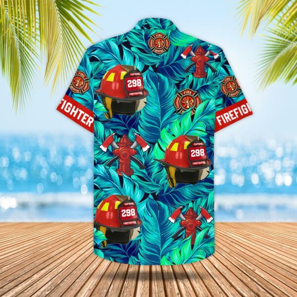 Custom Hawaiian Shirt Gift For Firefighter - Personalized Gifts For Fireman - Firefighter Helmet Tropical Pattern Hawaiian Shirt - Image 3