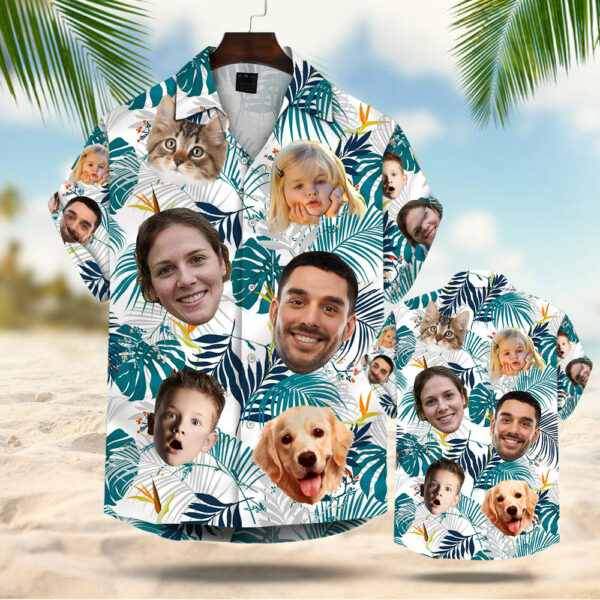 Custom Hawaiian Shirt With Multiple Faces Dog Cat Face Leaves & Flowers Gift For Family Hawaiian Shirt For Men Women Personalized Aloha Shirt - Image 2