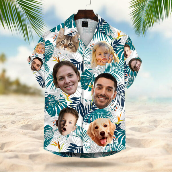 Custom Hawaiian Shirt With Multiple Faces Dog Cat Face Leaves & Flowers Gift For Family Hawaiian Shirt For Men Women Personalized Aloha Shirt - Image 3