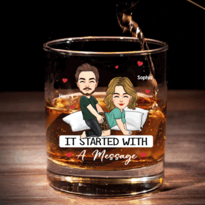 Custom It Started With A Message - Couple Personalized Custom Whiskey Glass - Gift For Husband Wife, Anniversary