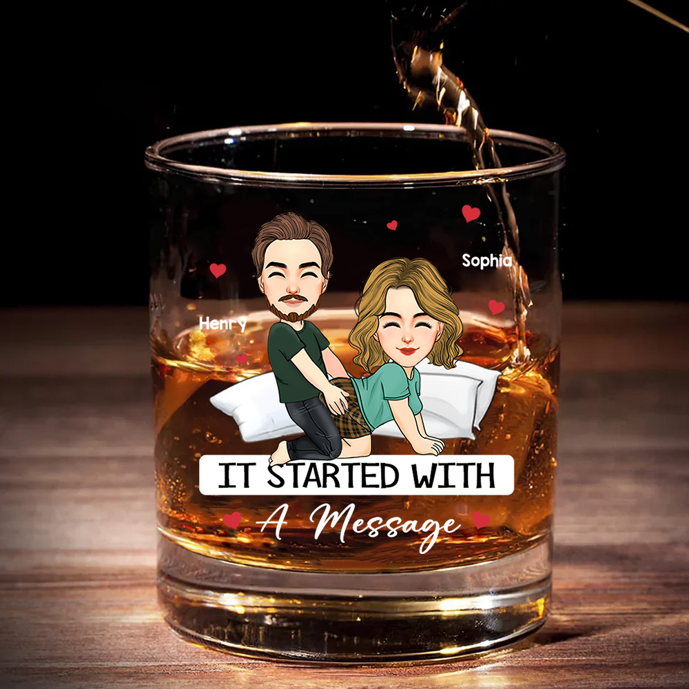 Custom It Started With A Message - Couple Personalized Custom Whiskey Glass - Gift For Husband Wife, Anniversary