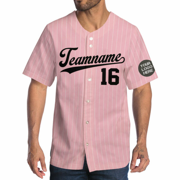 Custom Logo Name Number Pink Pinstripe Baseball Jersey - Image 3