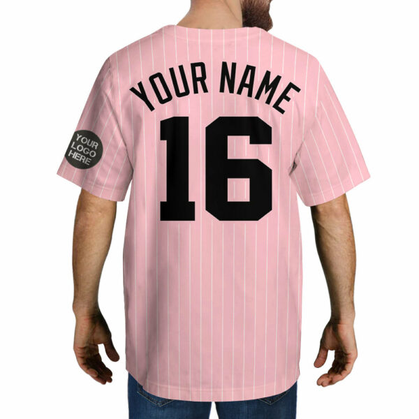 Custom Logo Name Number Pink Pinstripe Baseball Jersey - Image 4