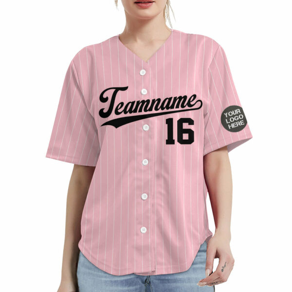 Custom Logo Name Number Pink Pinstripe Baseball Jersey - Image 5