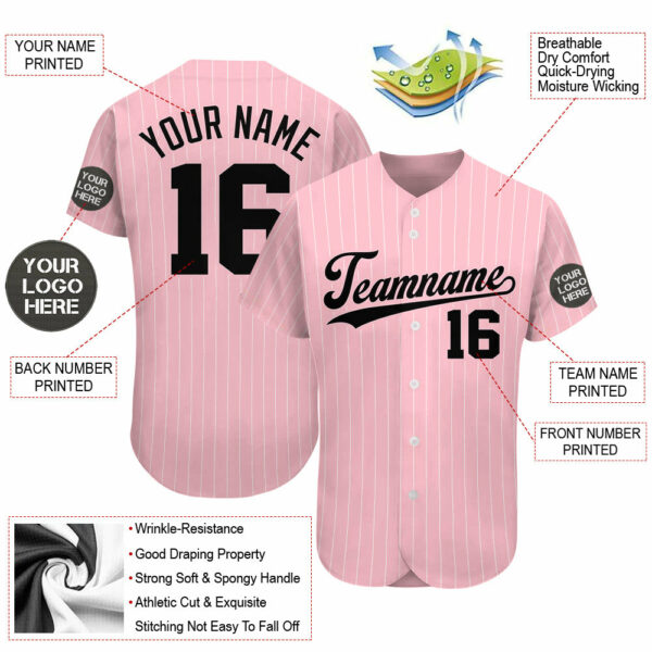Custom Logo Name Number Pink Pinstripe Baseball Jersey - Image 2