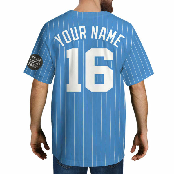Custom Logo Name Number Powder Blue Pinstripe Baseball Jersey - Image 4