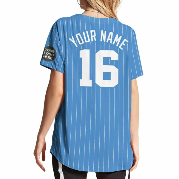 Custom Logo Name Number Powder Blue Pinstripe Baseball Jersey - Image 6