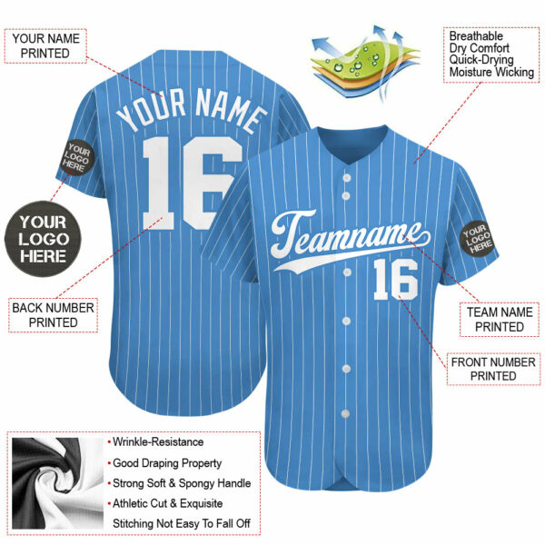 Custom Logo Name Number Powder Blue Pinstripe Baseball Jersey - Image 2
