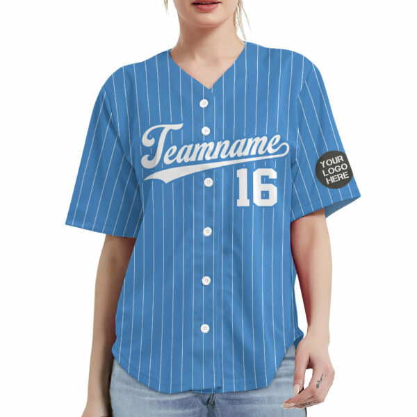 Custom Logo Name Number Powder Blue Pinstripe Baseball Jersey - Image 5