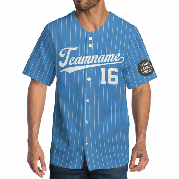 Custom Logo Name Number Powder Blue Pinstripe Baseball Jersey - Image 3