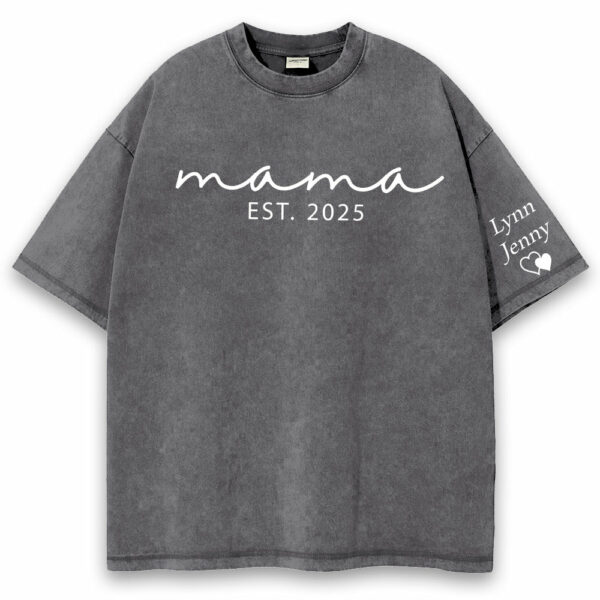 Custom Mama Mineral Wash Tee Shirt with Kid Name on Sleeve, Personalized Mom Shirt, New Mom Gift, Gift For Mom, Mothers Day, Pregnancy Announcement
