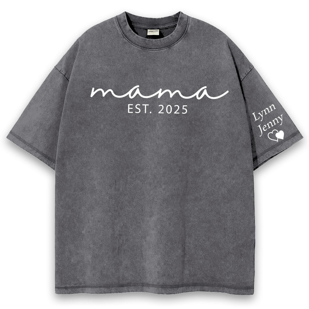 Custom Mama Mineral Wash Tee Shirt with Kid Name on Sleeve, Personalized Mom Shirt, New Mom Gift, Gift For Mom, Mothers Day, Pregnancy Announcement