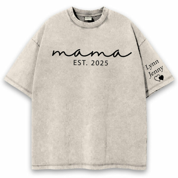 Custom Mama Mineral Wash Tee Shirt with Kid Name on Sleeve, Personalized Mom Shirt, New Mom Gift, Gift For Mom, Mothers Day, Pregnancy Announcement - Image 4