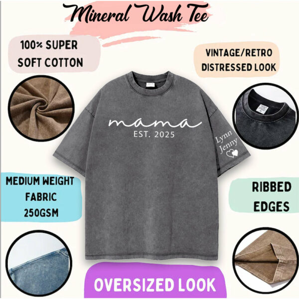 Custom Mama Mineral Wash Tee Shirt with Kid Name on Sleeve, Personalized Mom Shirt, New Mom Gift, Gift For Mom, Mothers Day, Pregnancy Announcement - Image 2