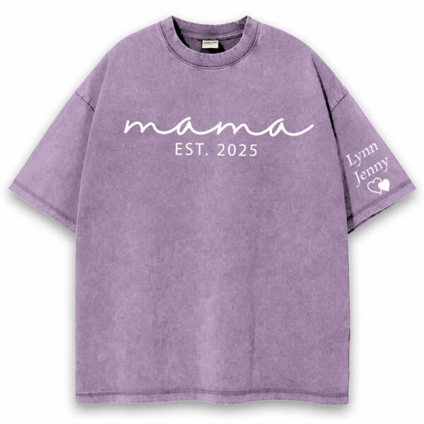 Custom Mama Mineral Wash Tee Shirt with Kid Name on Sleeve, Personalized Mom Shirt, New Mom Gift, Gift For Mom, Mothers Day, Pregnancy Announcement - Image 5