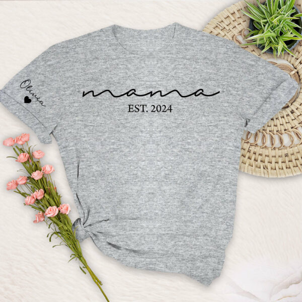 Custom Mama Shirt with Kid Name, Personalized Mom Shirt with Kids Names on Sleeve, Momma Tshirt, Mothers Day Gift for Her, New Mom Gift Est - Image 5