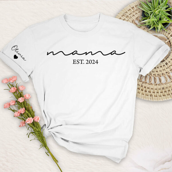 Custom Mama Shirt with Kid Name, Personalized Mom Shirt with Kids Names on Sleeve, Momma Tshirt, Mothers Day Gift for Her, New Mom Gift Est - Image 4