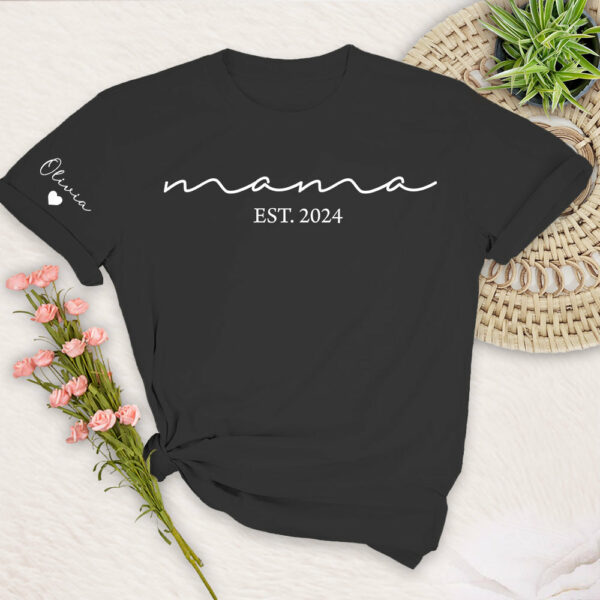 Custom Mama Shirt with Kid Name, Personalized Mom Shirt with Kids Names on Sleeve, Momma Tshirt, Mothers Day Gift for Her, New Mom Gift Est - Image 2