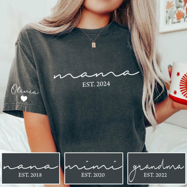Custom Mama Shirt with Kid Name, Personalized Mom Shirt with Kids Names on Sleeve, Momma Tshirt, Mothers Day Gift for Her, New Mom Gift Est