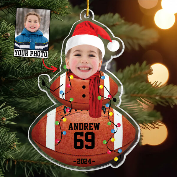 Custom Photo American Football Snowman Ornament - Gifts For Players, Team, Boys - Personalized Acrylic Ornament