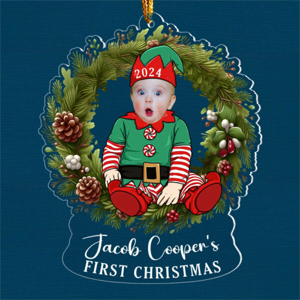 Custom Photo Baby's First Christmas Sitting on Wreath Ornament - Image 3