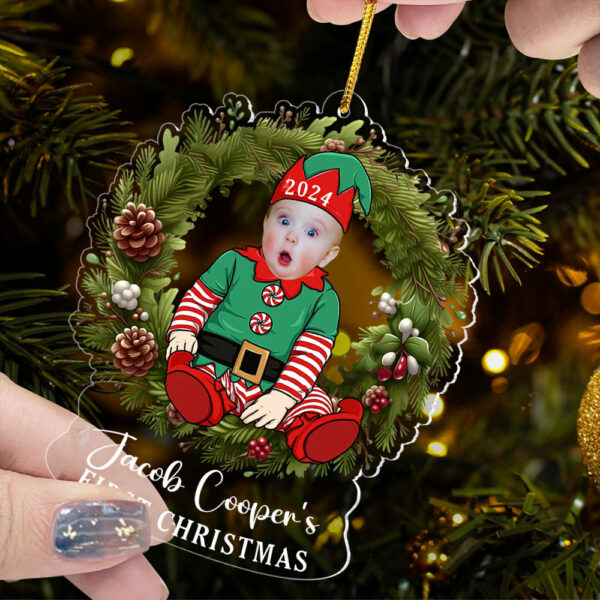Custom Photo Baby's First Christmas Sitting on Wreath Ornament - Image 6