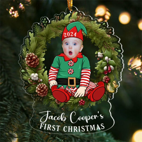 Custom Photo Baby's First Christmas Sitting on Wreath Ornament - Image 2