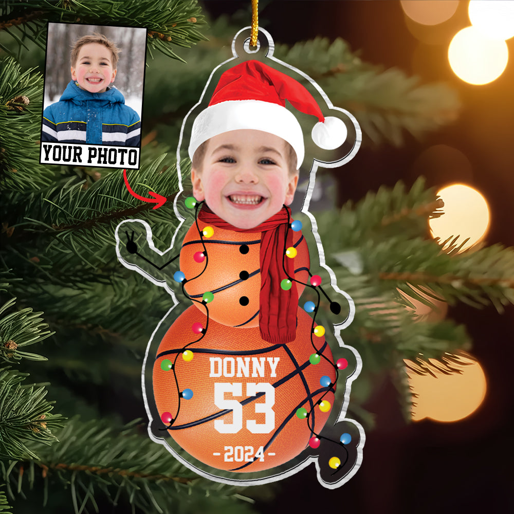 Custom Photo Basketball Snowman Ornament - Gifts For Players, Team, Boys - Personalized Acrylic Ornament