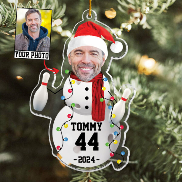 Custom Photo Bowling Snowman Ornament - Gifts For Players, Team, Boys - Personalized Acrylic Ornament