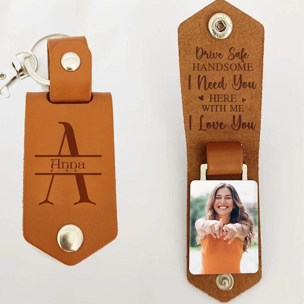 Custom Photo Drive Safe Handsome I Love You Couple Leather Keychain