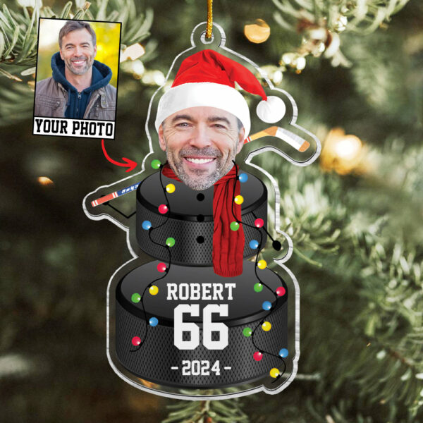 Custom Photo Ice Hockey Snowman Ornament - Gifts For Players, Team, Boys - Personalized Acrylic Ornament