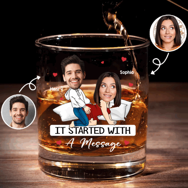 Custom Photo It Started With A Message - Couple Personalized Custom Whiskey Glass - Gift For Husband Wife, Anniversary