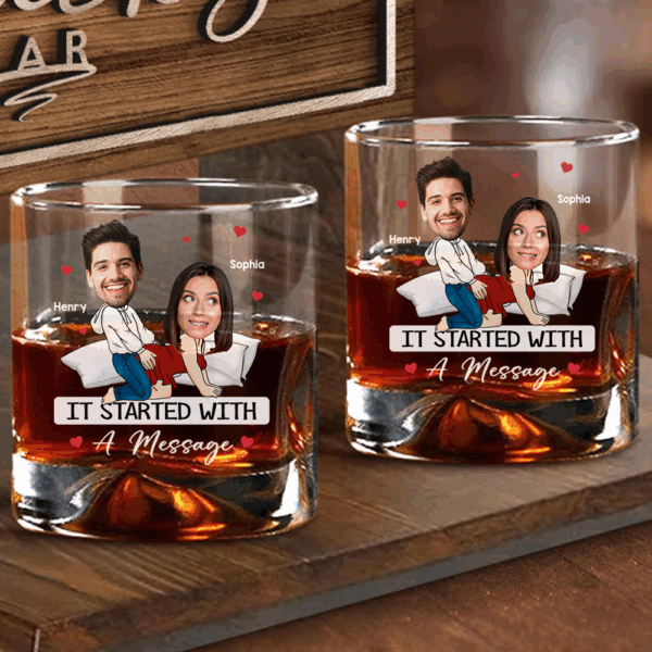 Custom Photo It Started With A Message - Couple Personalized Custom Whiskey Glass - Gift For Husband Wife, Anniversary - Image 14