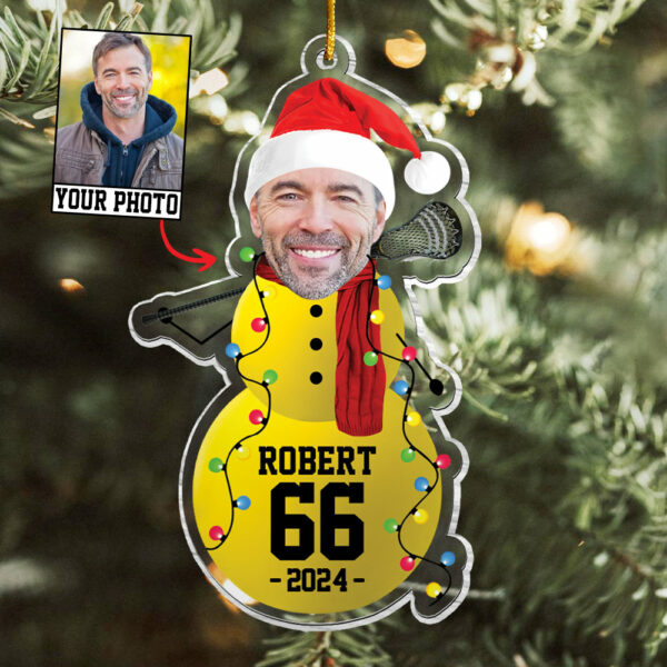 Custom Photo Lacrosse Snowman Ornament - Gifts For Players, Team, Boys - Personalized Acrylic Ornament