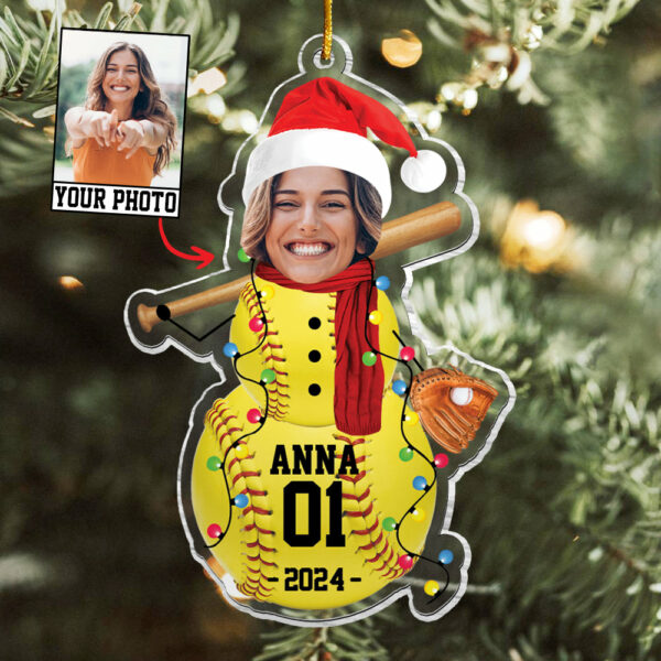 Custom Photo Softball Snowman Ornament - Gifts For Players, Team, Boys - Personalized Acrylic Ornament