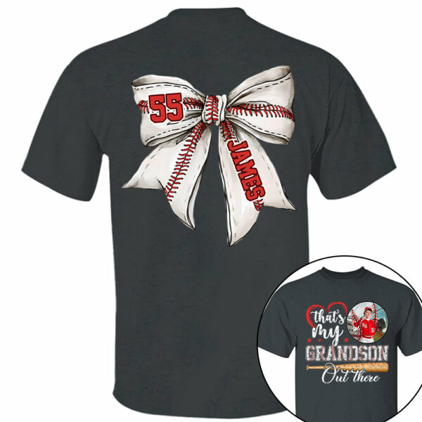 Custom Photo That's My Grandson Out There Baseball Family Shirt - Image 4