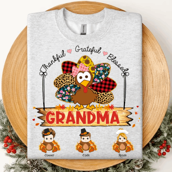 Custom Thankful Grateful Blessed Grandma Turkey Shirt - Custom Thanksgiving Shirt For Family