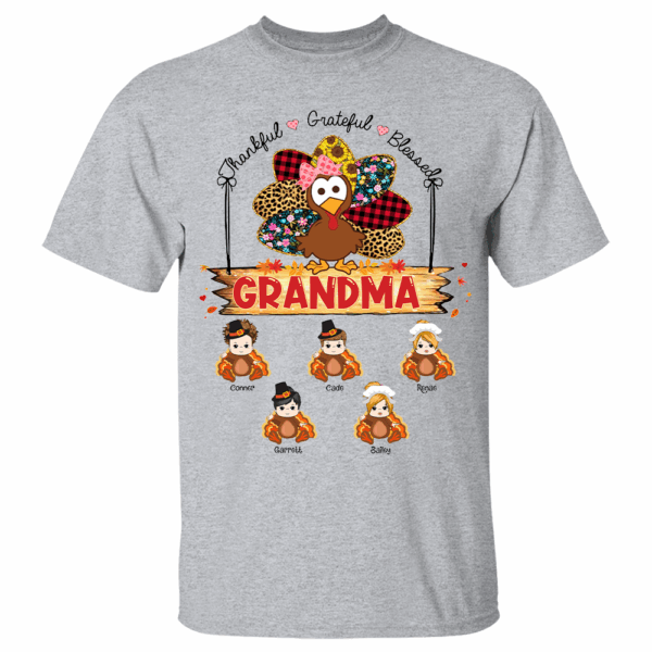 Custom Thankful Grateful Blessed Grandma Turkey Shirt - Custom Thanksgiving Shirt For Family - Image 4